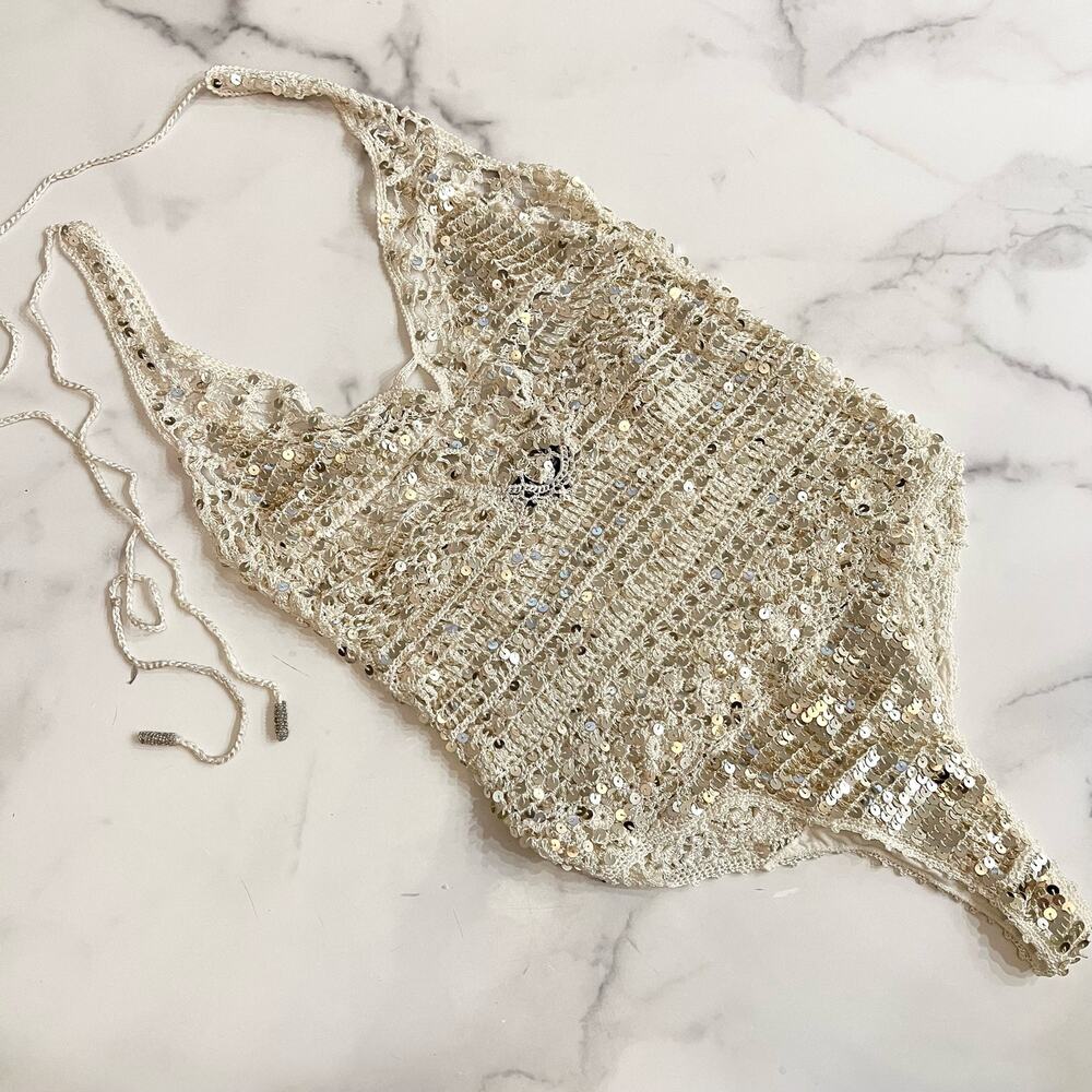 RETROFETE Sequined Crochet Bodysuit Beige Gold Tie Lined Sheer Knit S like new